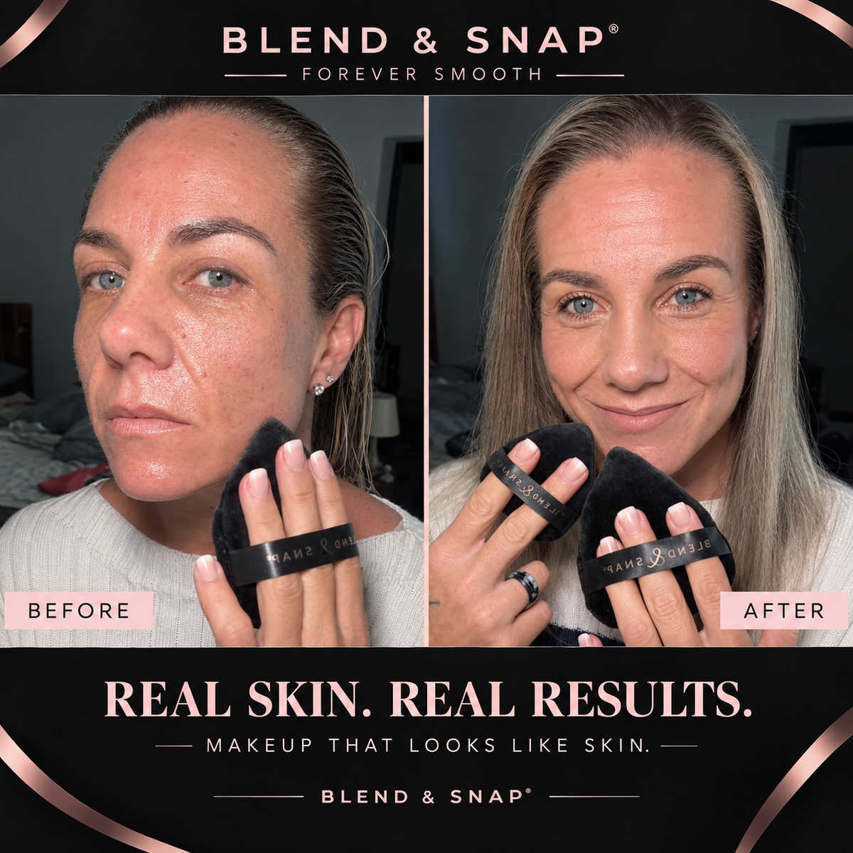 Before and after: real customer's skin bare, then with foundation blended dry using the Blend & Snap OG Sponge and Mini Sponges